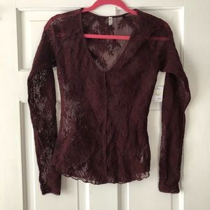 Intimately Free People Lace Maroon Mesh Top Sheer